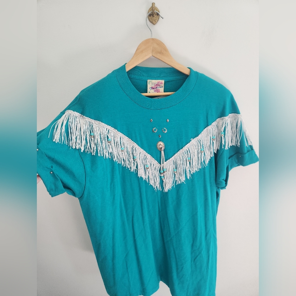 NWT Vintage Hazelwood Soutwestern Fringe Turqoise Top Size XL Western Wear